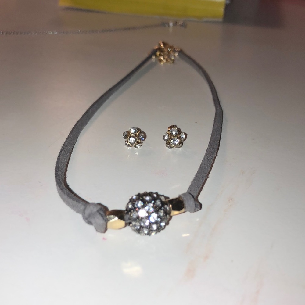 Silver Choker w/ Disco Ball diamond & Earring Set